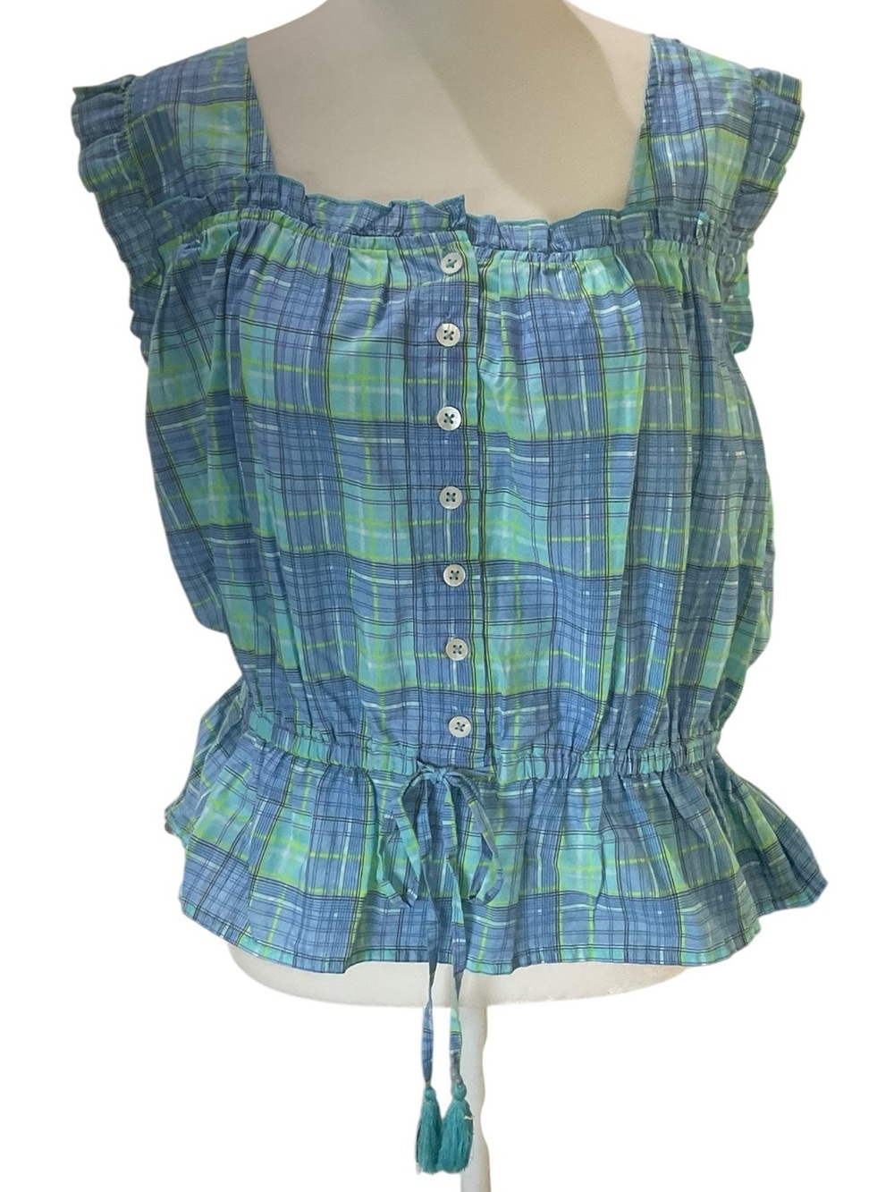 Simply Southern Blue and Green Plaid Ruffle Sleeveless Top